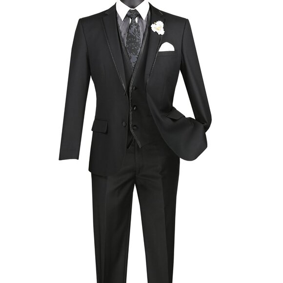 Men's Slim-Fit 3-pc. Trimmed Lapel Textured Solid Suit-Black - Picture 1 of 3